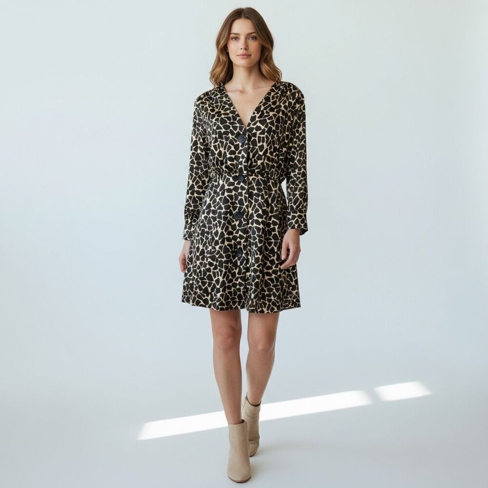 NWT Zara Brown giraffe Animal Print Full Button Down Dress V Neck size L
